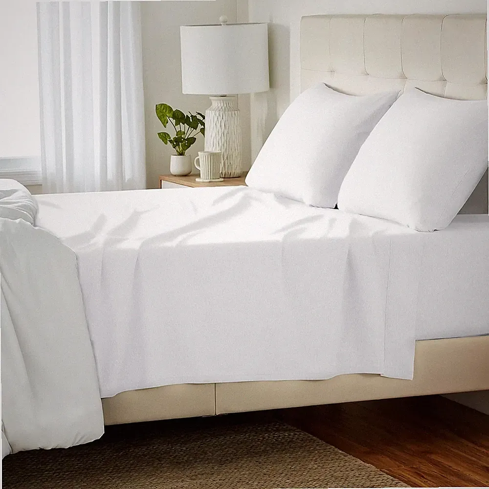 Amazon Basics Cotton Jersey 4-Piece Bed Sheet Set, Queen, White, White