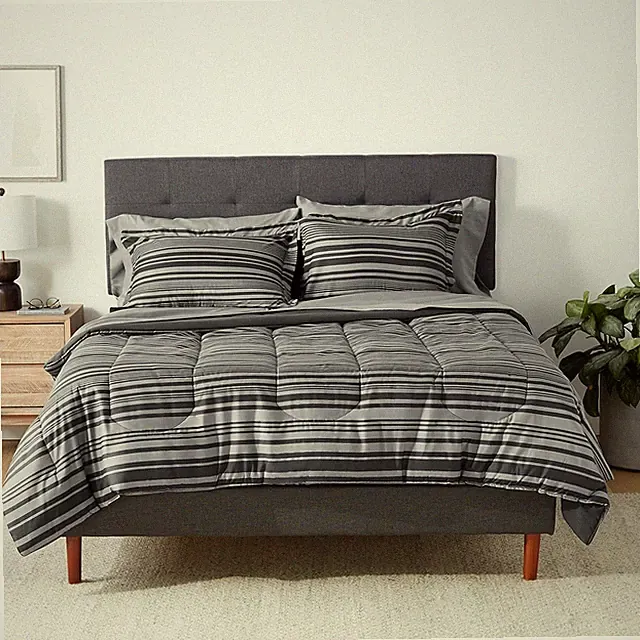 Amazon Basics Gray 7-Piece Comforter Set with Sheets Full/Queen Calvin Stripe