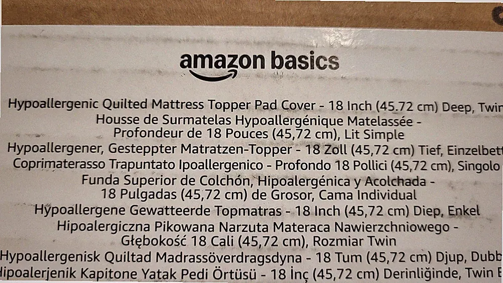 Amazon Basics Hypoallergenic Quilted Mattress Topper Pad, 18 Inches Deep, Twin