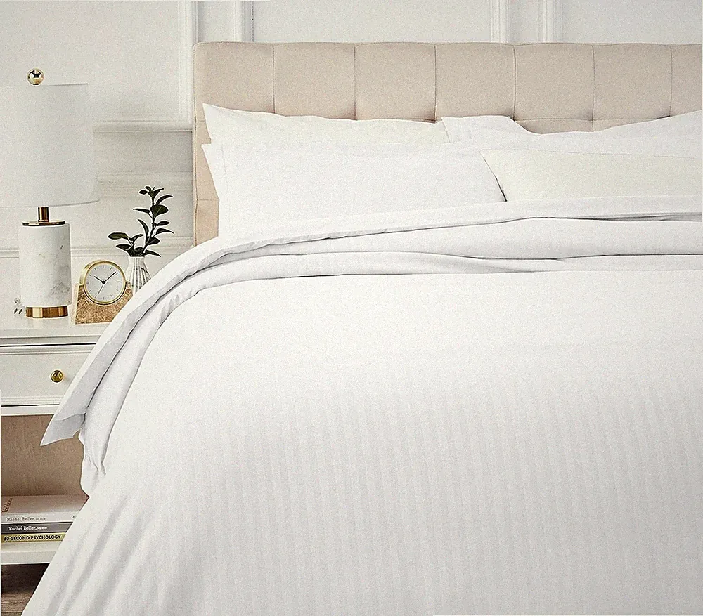 Amazon Basics Microfiber 3 Piece Duvet Cover Set, Full/Queen, Bright White, Stri