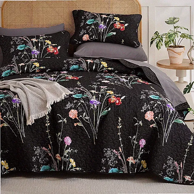 Floral Quilt Set Queen Size, 3 Pieces Black Botanical Plants Pattern Bedspread C