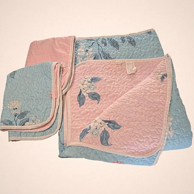 Reversible Quilted Floral Throw Blanket w/ 2 Shams Set Blue & Pink Queen 89"x85"